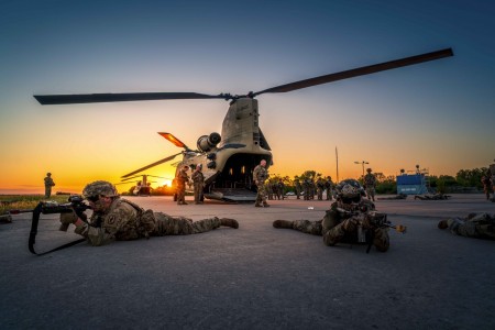 Soldiers practice exiting CH-47 Chinook helicopters during Swift Response in Bulgaria, May 11, 2021. The exercise is designed to strengthen U.S. European Command&#39;s ability to send high readiness forces into a designated area while advancing airborne interoperability among NATO allies.