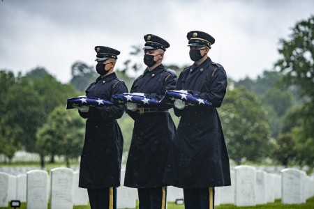 Soldiers from the 3d U.S. Infantry Regiment (The Old Guard) support military funeral honors for U.S. Army Master Sgt. Gable Gifford in Section 55 of Arlington National Cemetery, Arlington, Virginia, June 22, 2021.

Gifford served in the U.S. Army for over 20 years and had deployed five times to Colombia, Iraq, Afghanistan and other locations.

His spouse, Candance Gifford, received the U.S. flag from her husband’s casket.