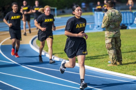 Army Spc. Kiana Malbas participates in an Army Combat Fitness Test at the University of California, Los Angeles, July 17, 2021.