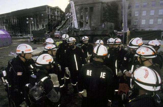 Soldiers from the Military District of Washington Engineer Company, now called the 911th Technical Rescue Engineer Company, conduct operations at the Pentagon in Washington, D.C., following the terrorist attack on Sept. 11, 2001. The Soldiers specialize in urban search and rescue operations in the National Capital Region. 