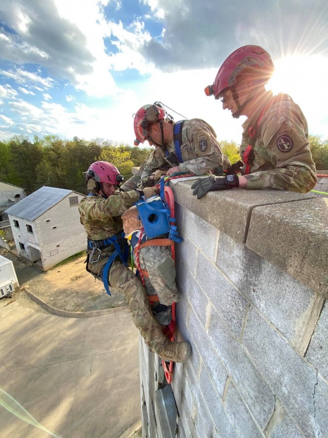 Soldiers from the 911th Technical Rescue Engineer Company train during a platoon validation exercise at the military operations in urban terrain facility on Marine Corps Base Quantico, Va., in April 2021. 