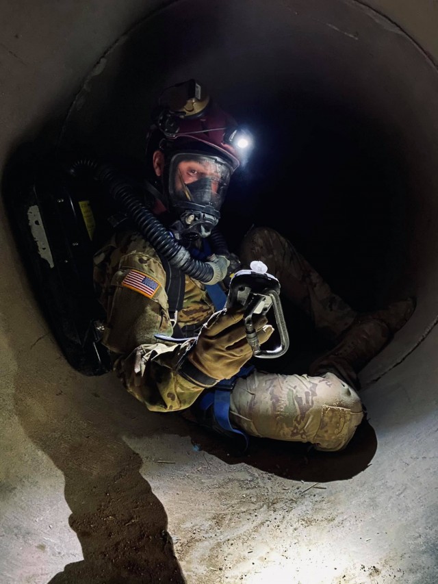 A Soldier from the 911th Technical Rescue Engineer Company trains during a platoon validation exercise at the military operations in urban terrain facility on Marine Corps Base Quantico, Va., in April 2021. 